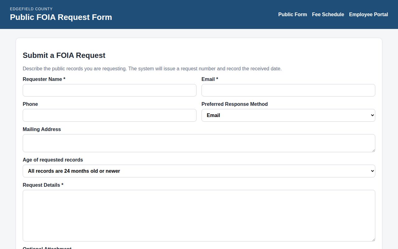 Edgefield County booking record request form